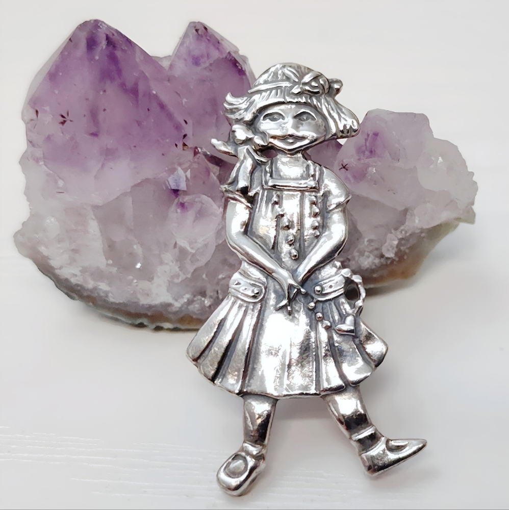 Vintage Sterling Silver Mary Engelbreit Cute Girl Brooch Pin
